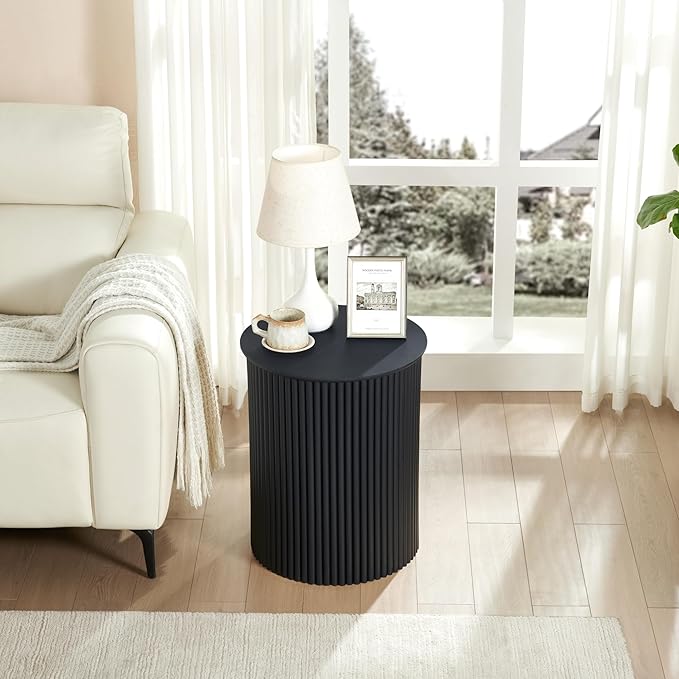 AVZEAR Small Round Side Table Fluted Night Stand Set of 2, 17.7" Mid Century Modern End Table, Circle Bedside Tables Wood Nightstands for Small Spaces, Living Room, Bedroom(Black)