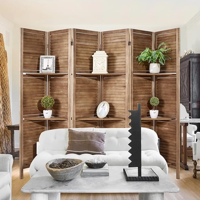 Room Divider with Shelves, Privacy Screen, Room Dividers and Folding Privacy Screens, 6 Panel Wood Temporary Wall Partition Separation Separator, Brown