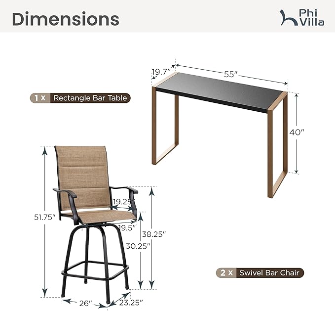 PHI VILLA 3 Piece Outdoor Bar Set, Bar Height Patio Table and Chairs with Brown Padded Textilene Fabric & Rustproof Metal Frame for Backyard, Balcony, Garden & Poolside