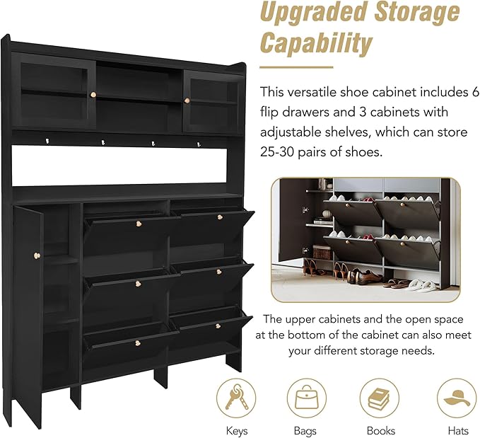 Ball & Cast Tipping Bucket 3-Tier Shoe Cabinet with 6 Flip Drawers and Storage Shelf,Entryway Hall Tree with Tempered Glass Doors and 4 Hooks,for Hallway,Mudroom,Living Room,Black