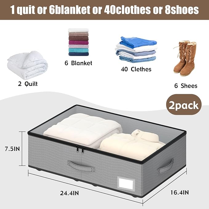 Under Bed Storage with Wheels, No Assemble Required 7.5 inches height Under Bed Storage bins,Large capacity Rolling Under bed Shoe Storage containers,dorm under bed storage drawers