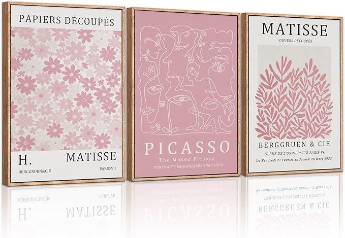 HLNIUC Matisse Pink Wall Art,Neutral Pink Flower Framed Canvas Wall Decor Set of 3(16”x24’) Modern Aesthetic Pictures Wall Painting,Abstract Flower Market Art Print for Living Room,Bedroom