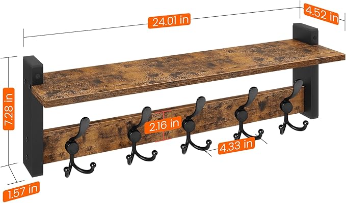 Homode Rustic Brown Wall Mount Coat Rack with Shelf and 5 Tri Hooks, Wood Coat Hangers for Hanging Hat, Towel, Purse, Jacket