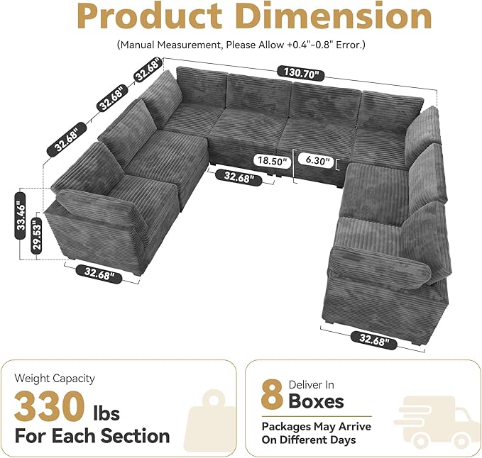 Modular Sectional Sofa with Chaise U Shaped Sectional Couch for Living Room, 8-Seater Comfy Cloud Couches, Plush Corduroy, Gray