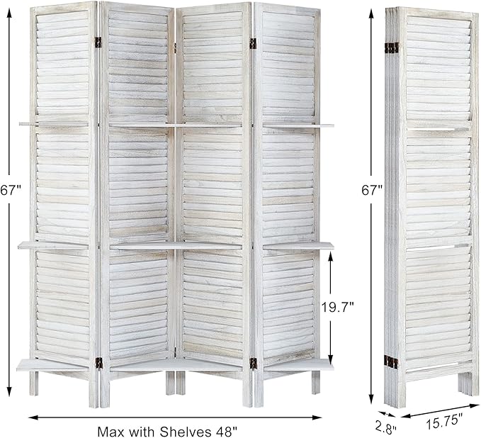 Room Divider with Shelves, Privacy Screen, Room Dividers and Folding Privacy Screens, 4 Panel Wood Temporary Wall Partition Separation Separator, Coconut