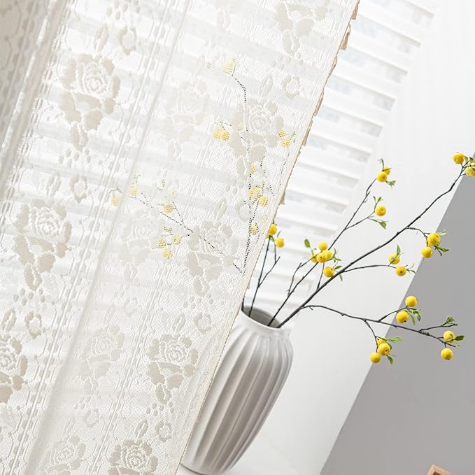Sutuo Home Boho Kitchen Curtains Crochet Florals Embroidery, Bohemian Sheer Lace Curtains Handmade Knitted Tassels Vintage Chic Farmhouse Drape for Nursery Bedroom Rod Pocket 1 Panel 59" W x 63" L
