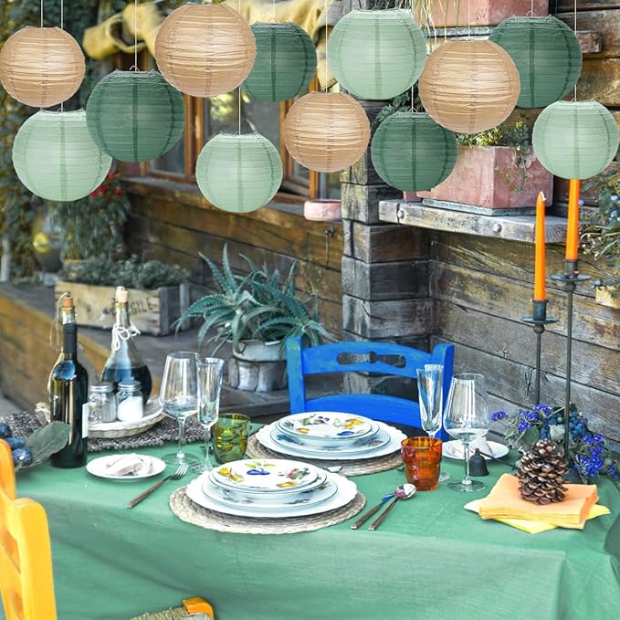 Paper Lanterns Decorative, Sage Green Forest Tan Hanging Round Chinese Lanterns with Lights for Rustic Party Sage Green Birthday Party 12 LED Light Pack of 12