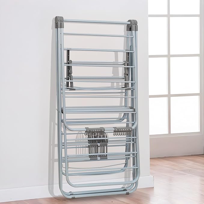 Large Capacity Double Drying Rack, Folding Rustproof Drying Rack with Non-Slip Clips and Drainage Shoe Rack, Height Adjustable, Airy and Quick Drying, Suitable for Balcony and Outdoor Use