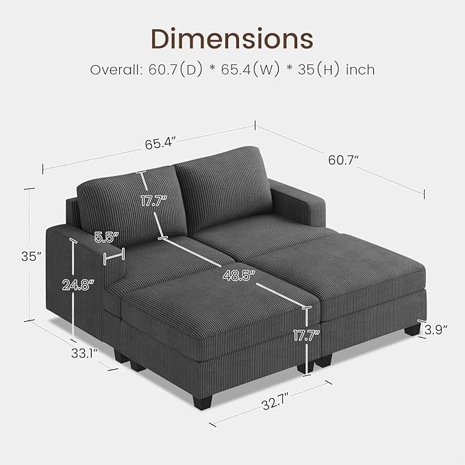 Nolany Corduroy Sectional Couch with Storage Ottoman, Sleeper Sectional Sofa, Modular Sectional Couches for Living Room, Dark Grey