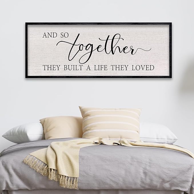LuZhiQiang And So Together They Built A Life They Loved Sign Wall Decor 40"x15" Large Wood Framed Above Over Bed For Master Bedroom Hanging Wall Art (Black)