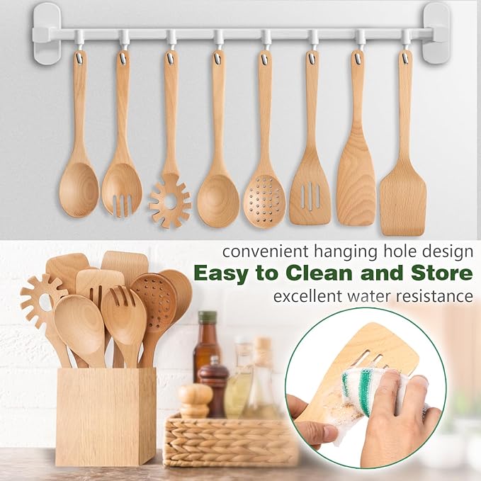 Wooden Spoons for Cooking, 8 Pcs Beech Wood Wooden Kitchen Cooking Spoon Utensil Tools Set Includes Spatula Skimmer Pasta Scoop Non-Stick Cookware Safe by HOWHONG