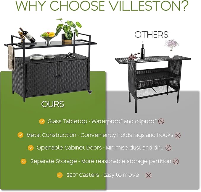 Wicker Outdoor Bar Cart - Black Patio Console Storage Table Buffet Cabinet Serving Kitchen Cart with Wheels for Outside Backyard