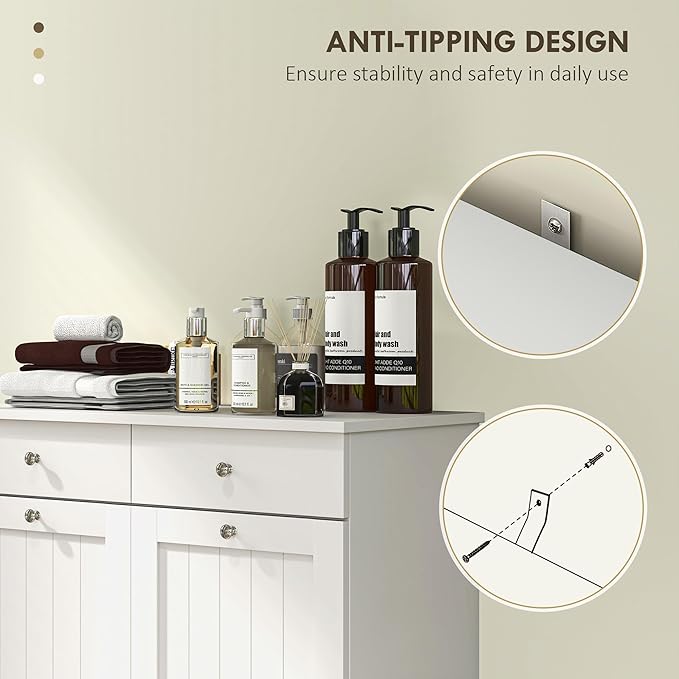 HOMCOM Laundry Hamper Cabinet with 2 Removable Baskets, Tilt Out Laundry Hamper Cabinet with 2 Drawers and 2 Beadboard Doors, Laundry Cabinet Bathroom Storage Cabinet, White