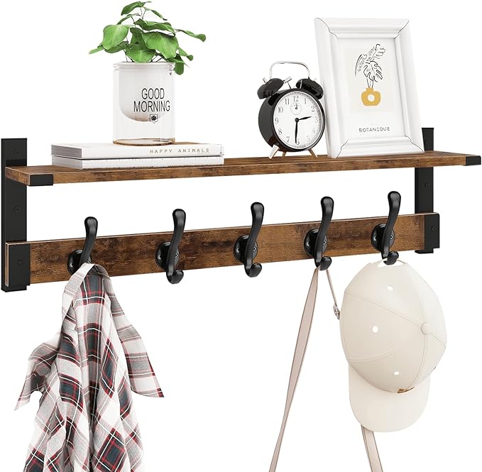 Homode Coat Rack Wall Mount, 29 Inch Long Shelf with Hooks, Wood Entryway Shelf with 5 Hangers for Hanging Hat Jacket Backpack Purse, Rustic Brown Black