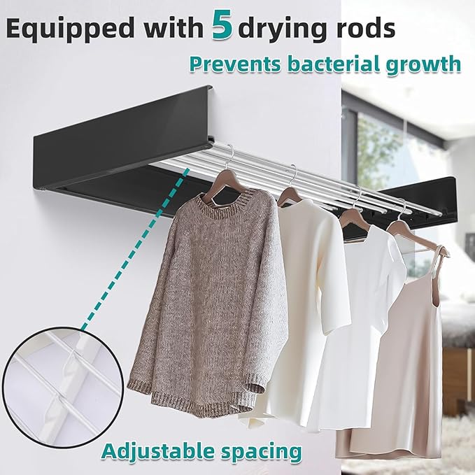 Laundry Drying Rack Collapsible, Wall Mounted Clothes Drying Rack. 39.37" Wide, 19.3 Linear Ft, 5 Aluminum Rods, with Wall Template, Screwdriver Bit (Black 1M)