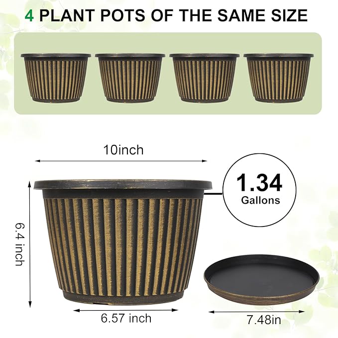 Planter-Pots-for-Plants-Indoor-Outdoor, 4 Pack 10 Inch Plastic Flower Pots with Saucer & Drainage Holes, Modern Garden Planters for Planting Medium Large Plants,Decorative Resin Garden Pots