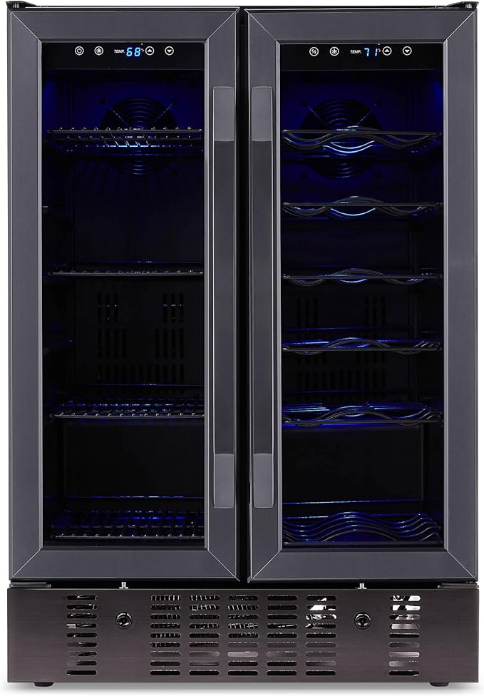 NewAir 24" Dual Zone Wine and Beverage Refrigerator, 18 Bottle & 58 Can, French Door Built-In Fridge with Lock, Black Stainless Steel Cooler, Digital Thermostat, Adjustable Shelves
