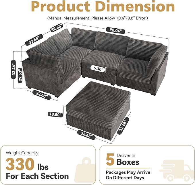 Modular Sectional Sofa with Chaise U Shaped Sectional Couch for Living Room, 5-Seater Comfy Cloud Couches with One Movable Ottoman, Plush Corduroy, Gray