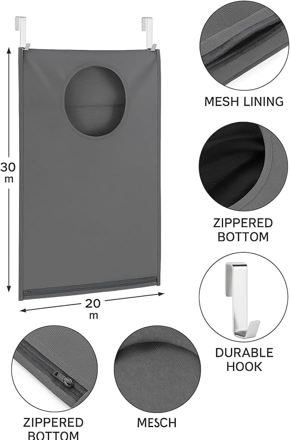 Hanging Laundry Hamper Bag โ Space-Saving Dirty Clothes Storage with Free Adjustable Stainless Steel Over-the-Door Hooks & Suction Cup Hooks โ Ideal for bathrooms, bedrooms & dorms (2, Gray)