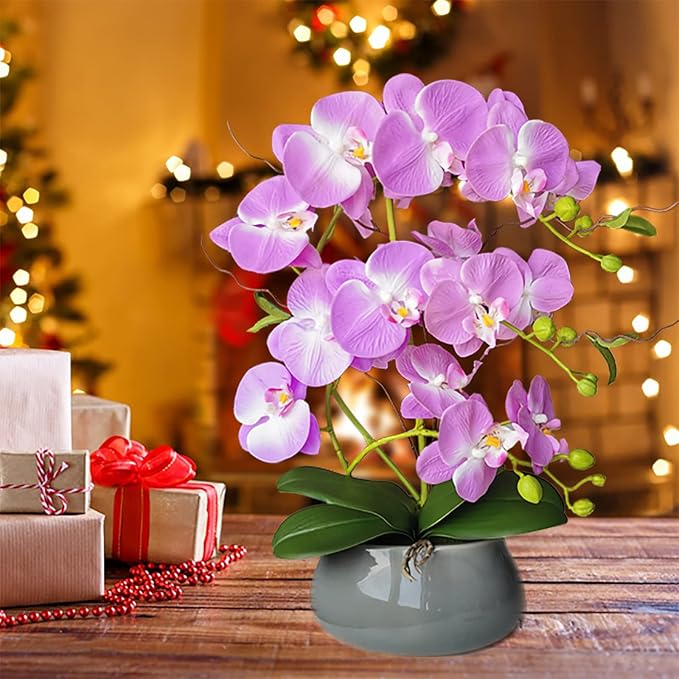 SJC Orchids Artificial Flowers with Gray Vase Purple Faux Orchid Phalaenopsis Arrangements for Kitchen Table Centerpiece Home Decoration Indoor(3.54" D x 7.87" W x 20" H)