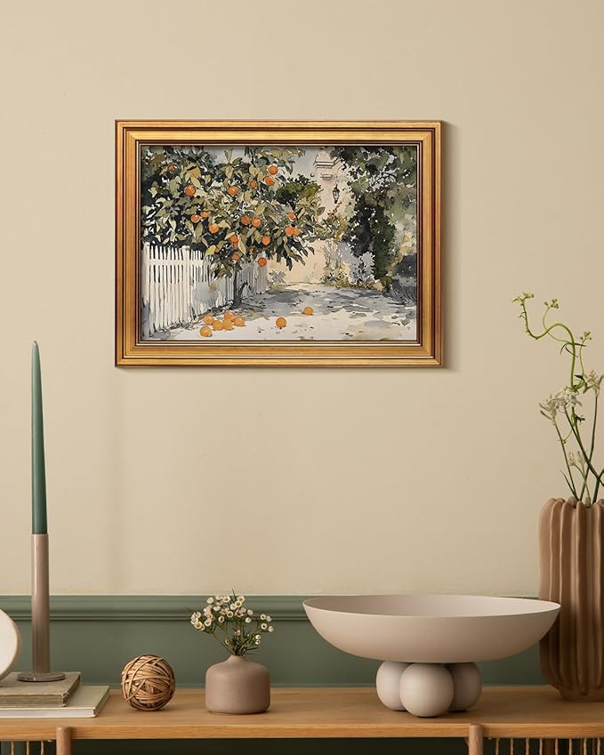 HUARCEY Gold Framed Vintage Wall Art for Living Room Country Orange Trees Earthy Room Decor Aesthetic Oil Painting Wall Picture Farmhouse Canvas Print Artwork for Kitchen Bedroom Bathroom Decor 12x16