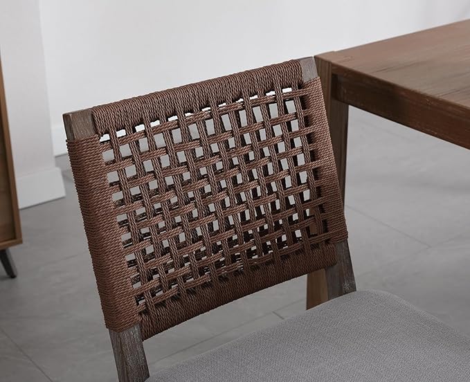 Kmax Farmhouse Dining Chairs Set of 6, Rustic Kitchen Chairs with Linen Fabric Seat and Woven Back, Vintage Accent Chairs for Dining Room, Living Room, Grey