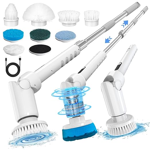 Electric Spin Scrubber - Cordless Cleaning Brush with Digital Display, 2 Speeds, 8 Brush Heads, IPX7 Waterproof, Adjustable Long Handle for Bathroom, Tub, Tile, Shower, and Car(Grey)