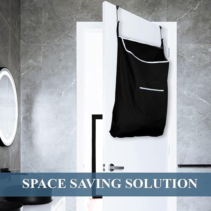 The Fine Living Co. X-Large Hanging Laundry Hamper with Over Door Hooks & Adhesive,Durable Space Saving Laundry Bag with Zipper and Wide Open Top,Hanging Dorm Laundry Hamper 20"x3.75"x31" (Black-XL)