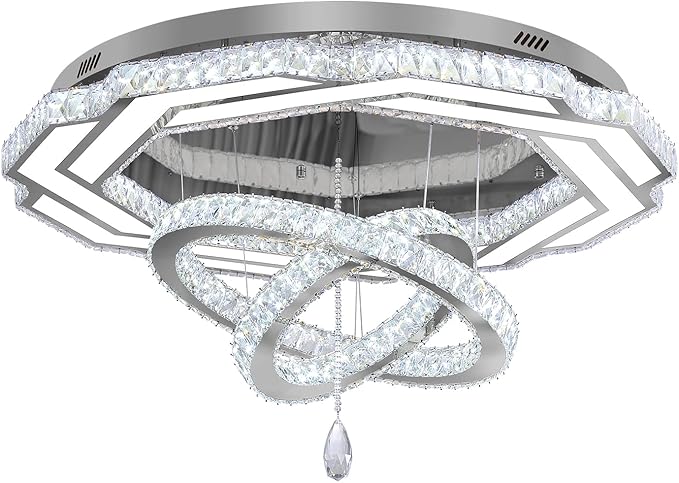 Flashing God Large Crystal Chandelier Dia 48" Silver Chandelier Flush Mount Ceiling Light for Bedroom Living Room Dining Room Hallway Dimmable 3 Rings LED Celing Lighting Fixtures