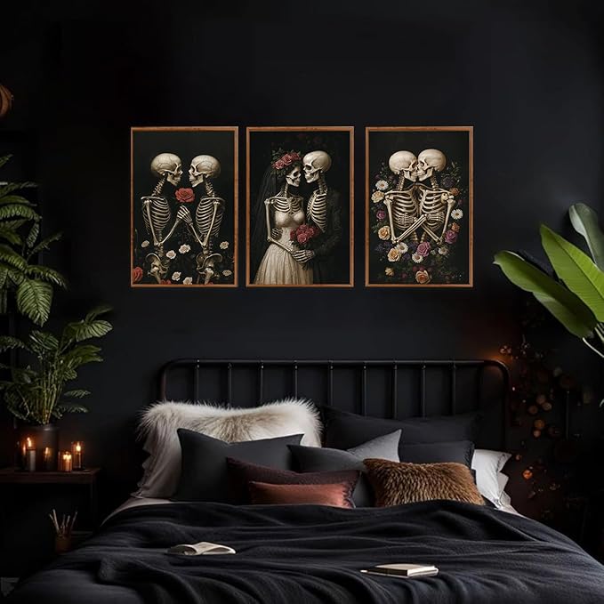 HLNIUC Halloween Rose Wedding Framed Wall Art,Vintage Skeleton Rose Canvas Prints,Abstract Romantic Theme Wall Decor Set of 3(16”x24”)Dark Romance Framed Painting,Roses Skull Art Print for Living Room