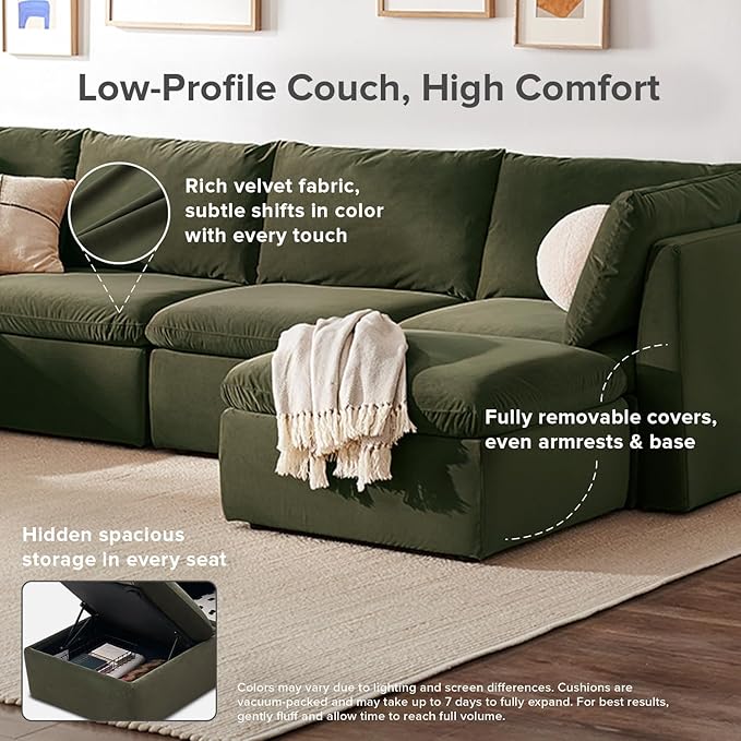 mopio Oversized Modular Sectional Sofa with Fully Removable Covers and Storage, Convertible U, L-Shaped and Sleeper Sectional, Modern Couches with Ottoman Chaise (Olive Green Velvet, 6 Seats, L)
