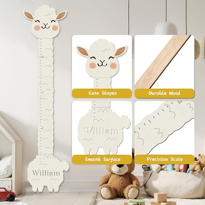 Personalized Name Height Chart for Kids, Alpaca Wood Growth Chart, Height Measuring for Children, Boy Girls Height Wall Chart Growth Measuring Ruler for Nursery Decor, Lightweight