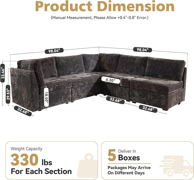 Modular Sectional Sofa with Chaise U Shaped Sectional Couch for Living Room, 5-Seater Comfy Cloud Couches, Plush Corduroy, Gray