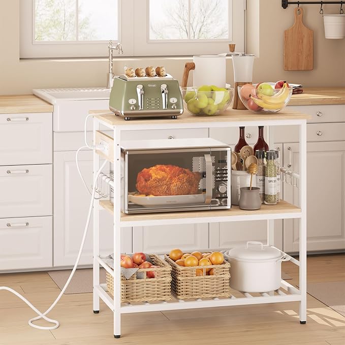 IBUYKE Kitchen Island with Storage, Bakers Rack with Power Outlet,Microwave Stand with Large Worktop,Rolling Bar Cart for Home, Outdoor, Kitchen,Light Wood TMJ029R
