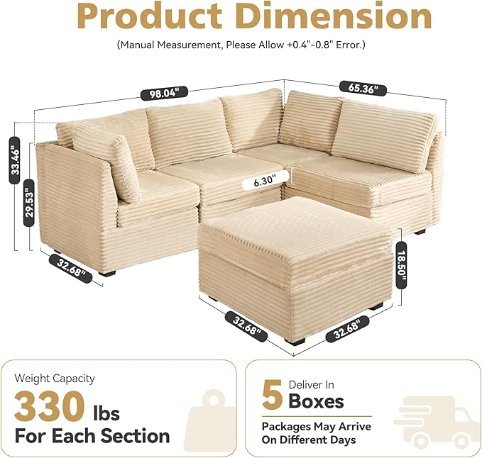 Modular Sectional Sofa, 130.7" L Shaped Couch Set for Living Room, 4-Seater Comfy Cloud Couches with Movable Ottoman, DIY Combination, Plush Corduroy, Beige