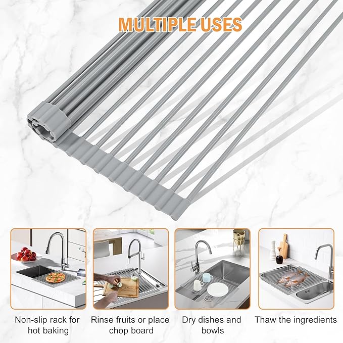 LEMIKKLE Roll Up Dish Drying Rack 17" x 13", Over The Sink Dish Drainer Rack, Foldable Sink Drying Rack, Anti-Slip Silicone Wrapped Dish Drainer for Kitchen Counter (Grey 17" x 13")