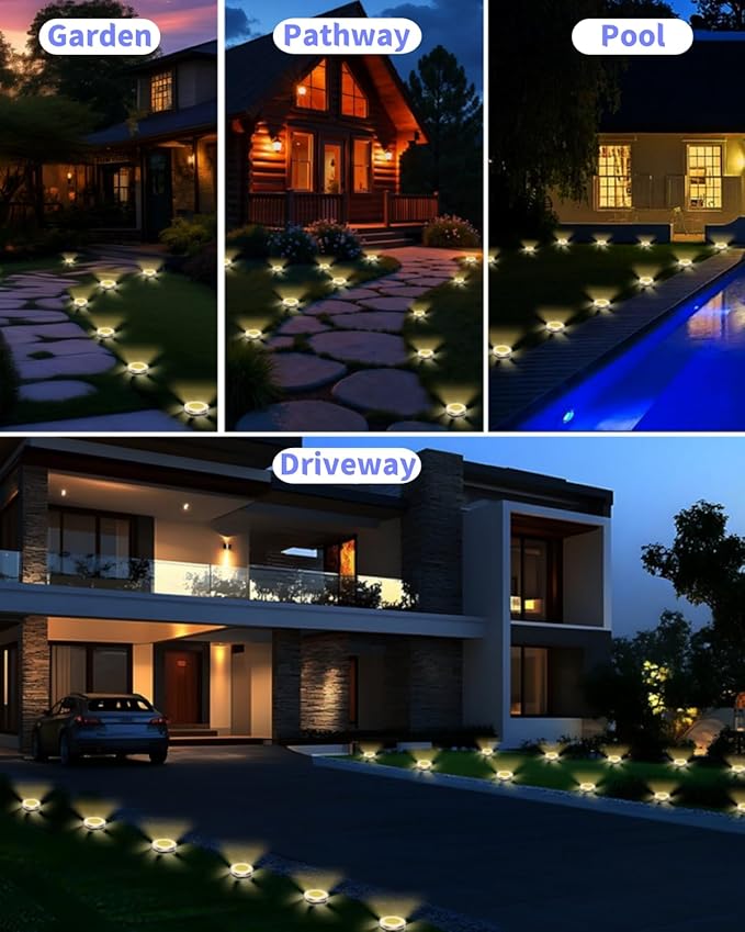 Solar Ground Lights Outdoor 18 Pack Waterproof, Upgraded Solar Garden Lights with 4 Side Light, Stainless Steel Solar Powered Disc Landscape Light for Walkway Lawn Yard Patio Deck-Warm White