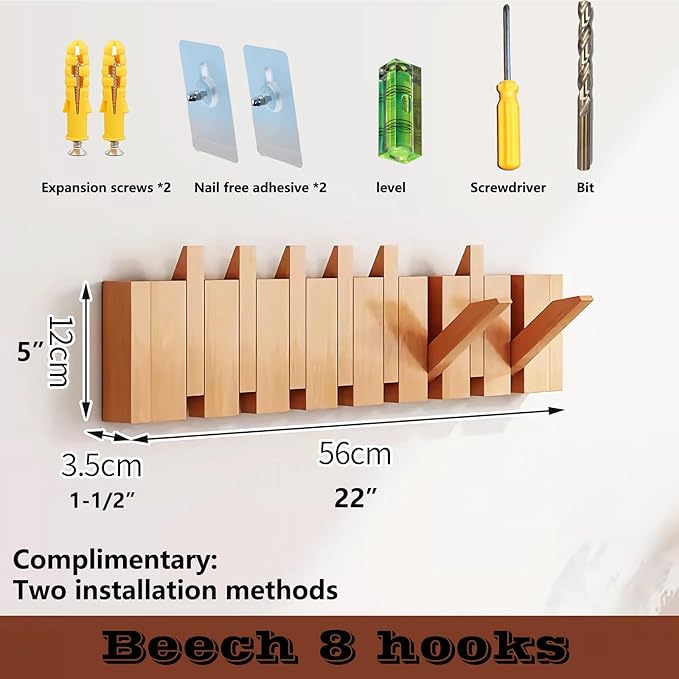 Wall Mounted Piano Key Hanger | Flip Style Hook | Entrance Wall Art Hook, Made of Oak Wood (3 Times Painted, 4 Times Polished) (Beech, 8Hooks)