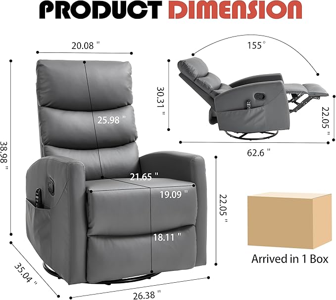 Manual Swivel Rocker Recliner Chair for Adults, Overstuffed Reclining Glider Chair for Nursing with Vibration Massage & Heat, Living Room Rocking Recliner 3-Stage backrest, Faux Leather Gray