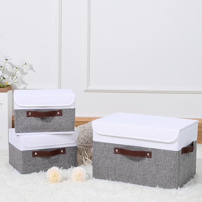 ANMINY Storage Boxes with Lids Washable Decorative Storage Bins Basket with PU Leather Handle Foldable Linen Fabric Storage Cubes Containers for Home Closet Organizer - Gray White, Small Size