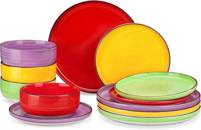 vancasso Bonita Stoneware Dinnerware Sets, 12 Pieces Dishes Set,Polished Round Plates and Bowls Set for 4, Dishwasher and Microwave Safe, Multicolor