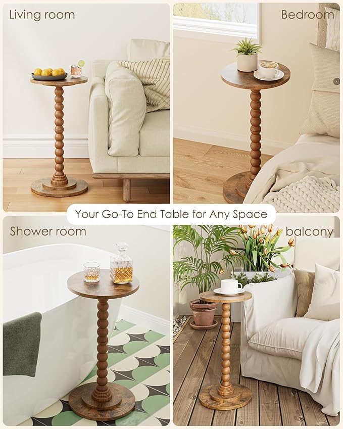 Masupu Round Side Table, Small End Table for Small Spaces, Pedestal Drink Table with Solid Wood Leg for Living Room, Bedroom, Corners(Rustic Brown)