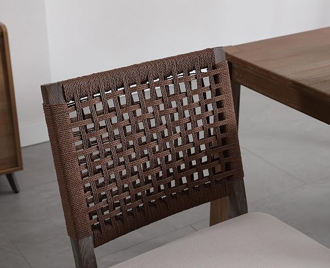 Kmax Farmhouse Dining Chairs Set of 6, Rustic Kitchen Chairs with Linen Fabric Seat and Woven Back, Vintage Accent Chairs for Dining Room, Living Room, Beige