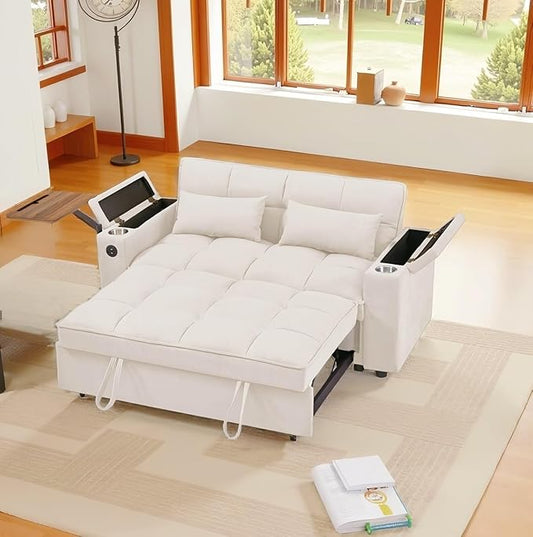 65''Convertible Sleeper Sofa Bed,3-in-1 Pull Out Couch Bed with 360 Degree rotatable Side Table and USB Ports for Living Room,RV (07beige)