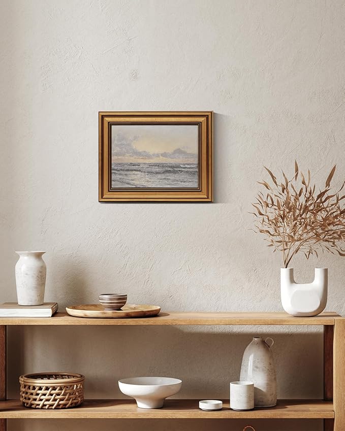 HUARCEY Gold Framed Vintage Wall Art for Living Room, Landscape Painting Prints Shelf Decor for Kitchen, Aesthetic Coastal Bedroom Wall Art, Christmas Gifts for Friends or Family ( Sea or Sky - 8"x10" )