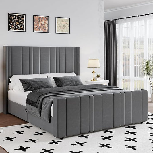 HOMBCK Queen Bed Frame Upholstered Bed with Velvet Headboard & Footboard, Vertical Channel Tufted Design/Wooden Slats/Noise Free/No Box Spring Needed/Easy Assembly, Grey