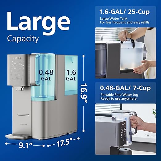 Reverse Osmosis Water Filter Countertop, Philips 40ยฐF Cold Water Countertop RO System 6 Stage Filtration with UV Light, Instant Boiling Water 6 Temperature Settings NSF/ANSI 372 Certified, TDS Monitor
