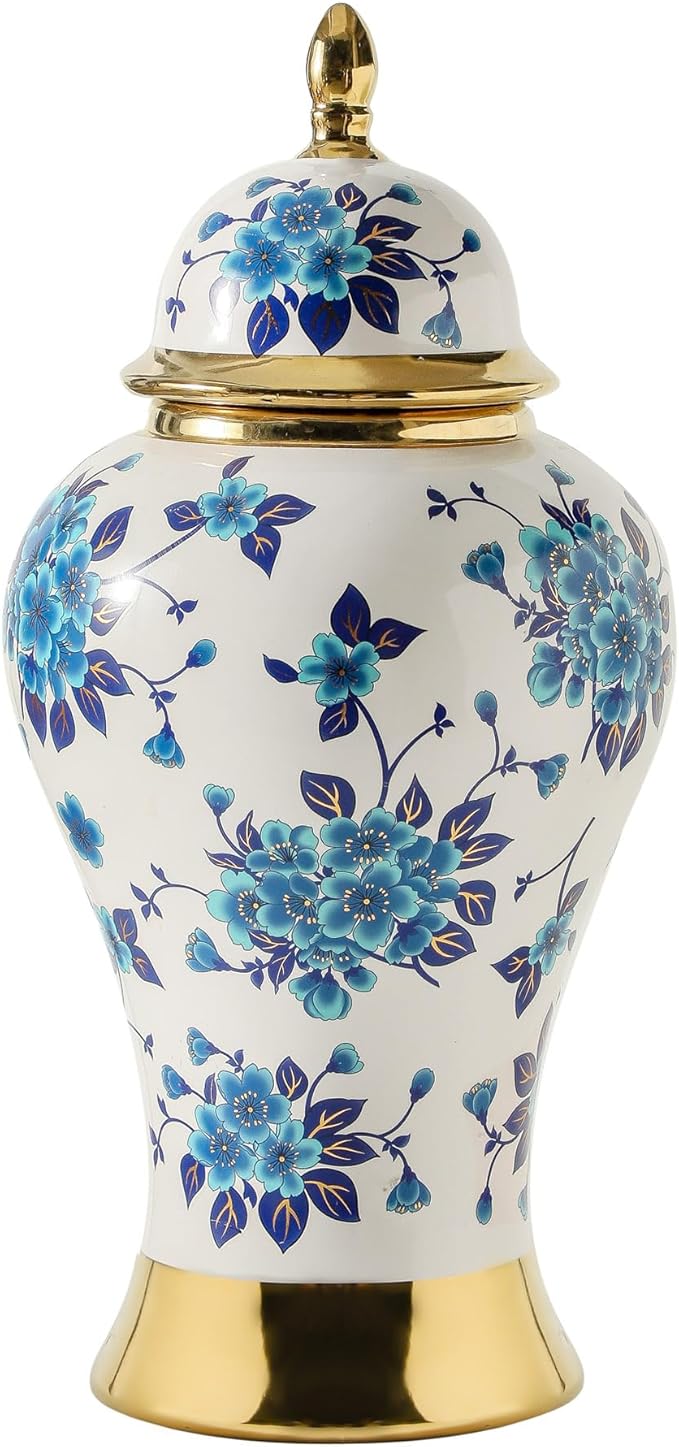 Ginger Jars for Home Decor, White and Gold Vase, Porcelain Ginger Jar Chinoiserie Blue and White Vase with Gold Trim and Floral Pattern, Ceramic Flower Vase for Home, Temple and Storage Jars(12in)