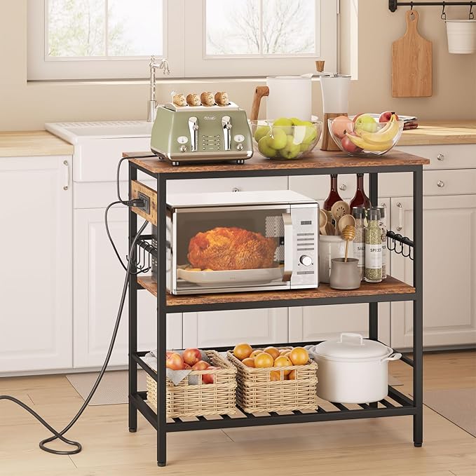 IBUYKE Kitchen Island with Storage, Bakers Rack with Power Outlet,Microwave Stand with Large Worktop,Rolling Bar Cart for Home, Outdoor, Kitchen,Rustic Brown and Black TMJ029H