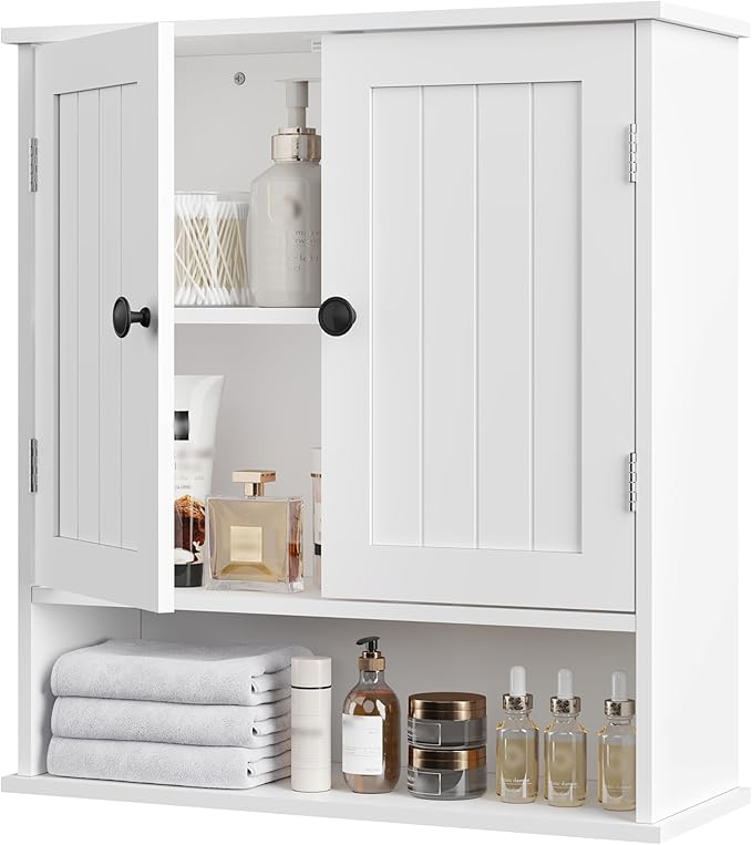 White Bathroom Cabinet Wall-Mounted, Storage Cabinets with Adjustable Shelves, Space-Saving Organizer with 2 Doors for Bathroom, Laundry, Kitchen - Moisture Resistant & Easy Install